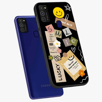 Lucky Aesthetic Collage Glass Case displayed in angled mockup highlighting stylish collage pattern with modern aesthetic vibe.