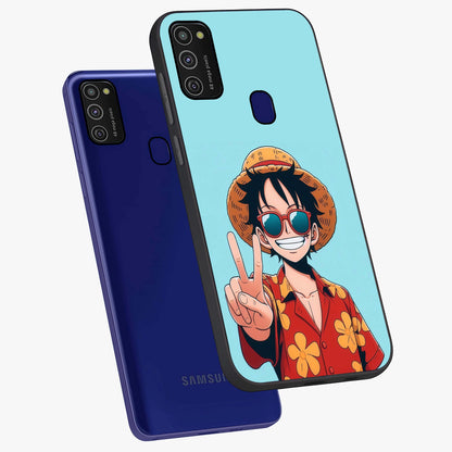 Luffy Summer Anime Vibe Glass Case displayed in angled mockup highlighting energetic anime illustration with summer vibe aesthetic.