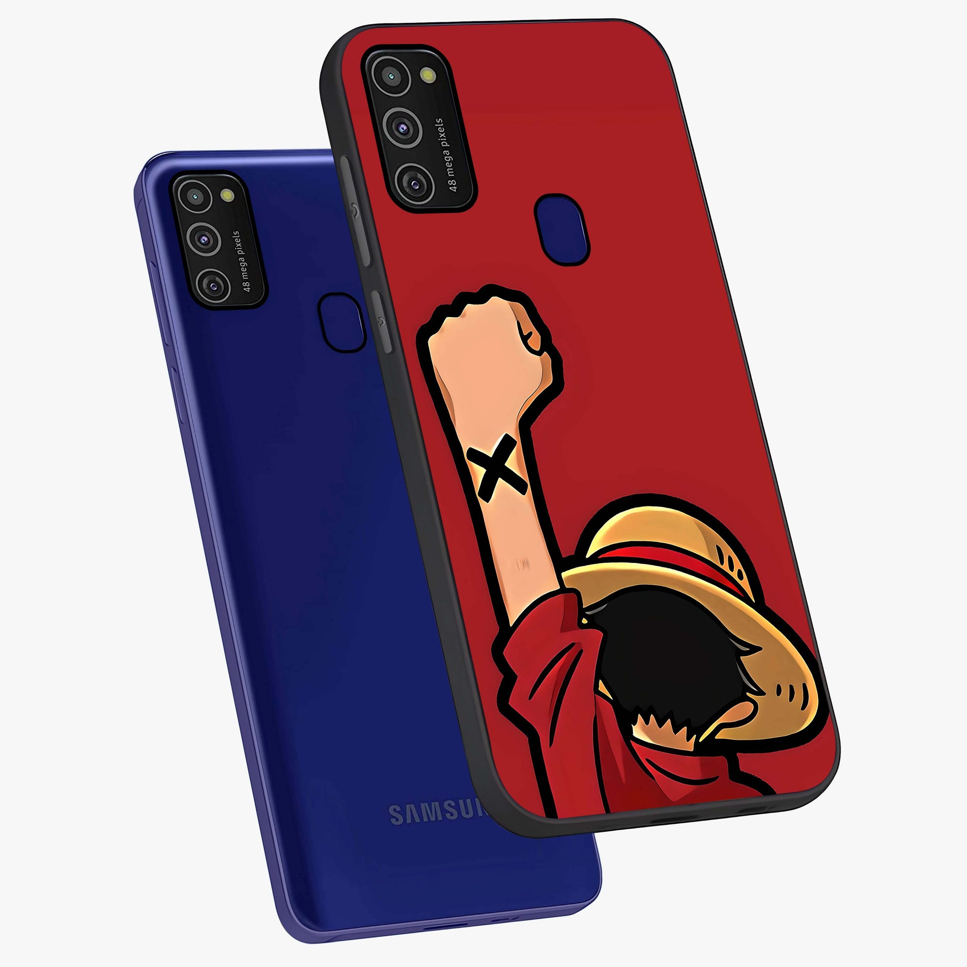 Luffy X Spirit Glass Case displayed in angled mockup highlighting powerful anime design with energetic action aesthetic.