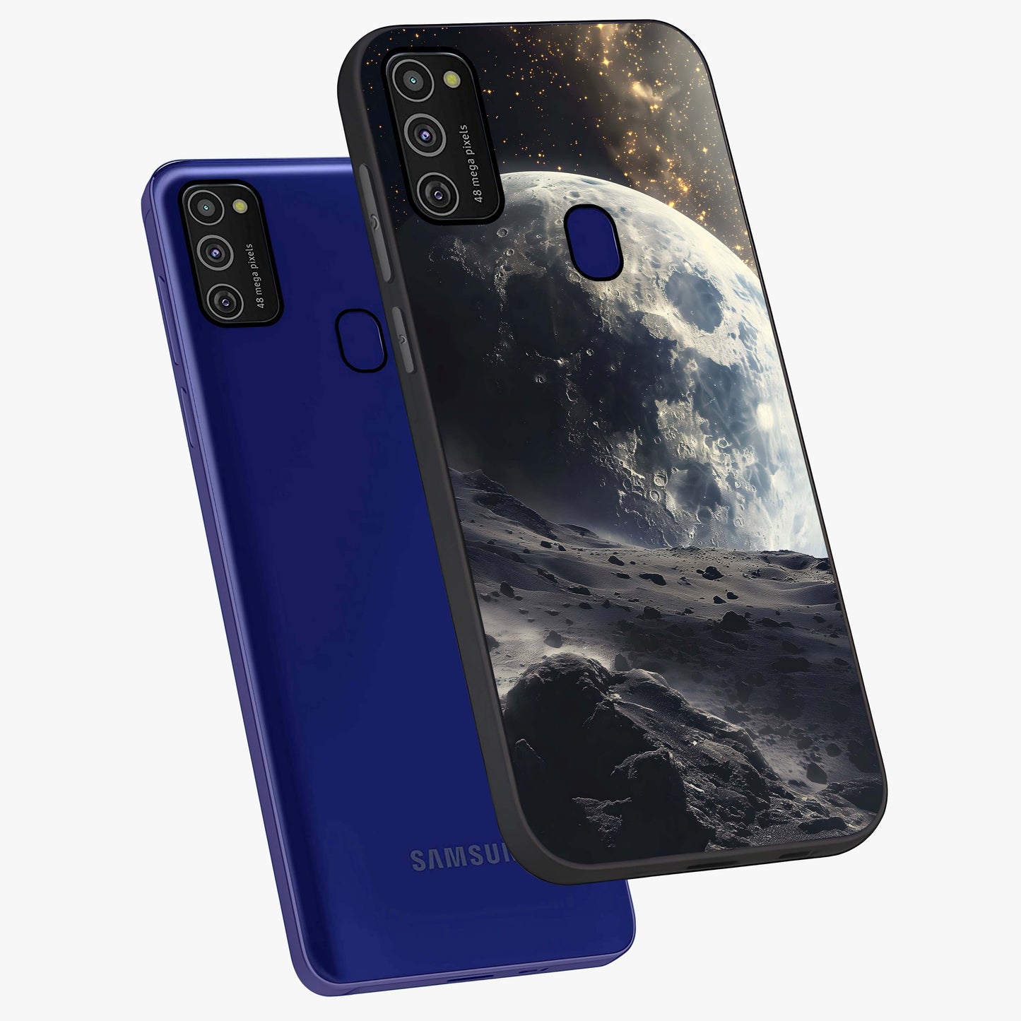 Lunar Horizon Glow Glass Case displayed in angled mockup highlighting celestial moon design with dreamy night aesthetic.
