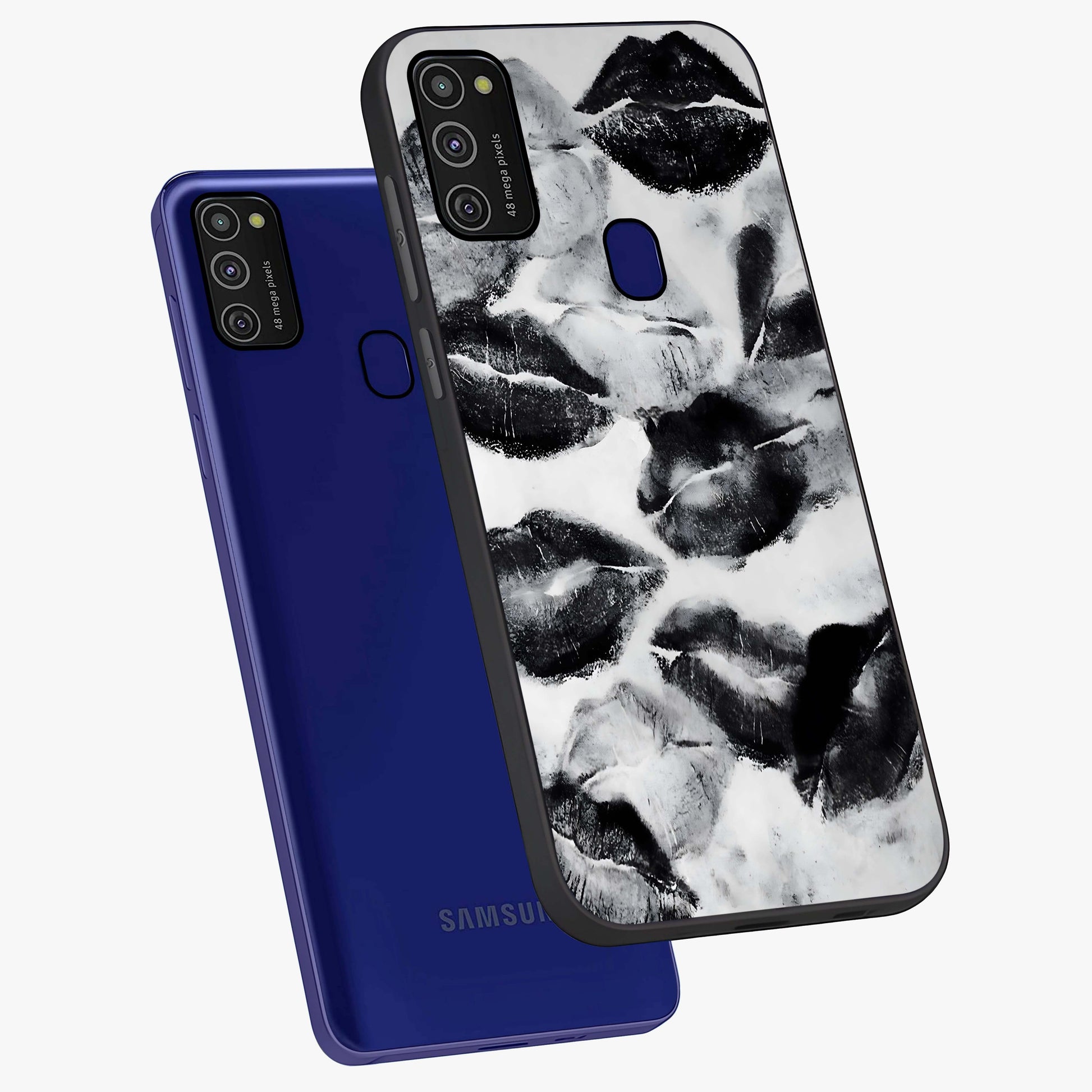 Midnight Kiss Marks Glass Case displayed in angled mockup highlighting playful romantic design with bold midnight aesthetic.