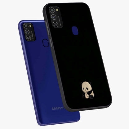 Midnight Panda Love Glass Case displayed in angled mockup highlighting adorable panda illustration with midnight aesthetic.