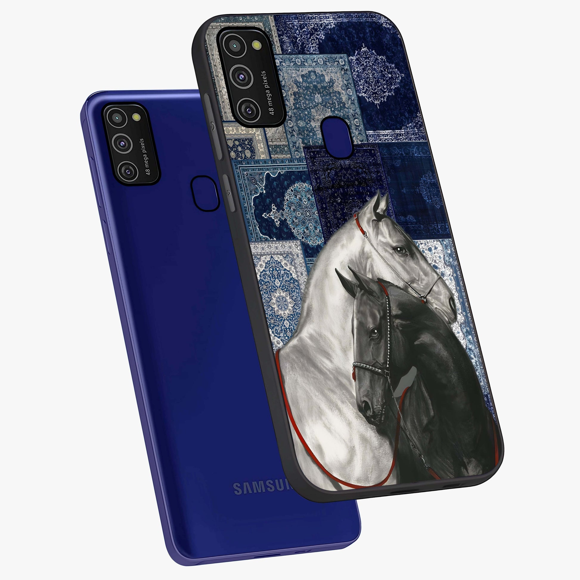 Midnight Stallion Blues Glass Case displayed in angled mockup highlighting powerful stallion illustration with deep midnight tones.