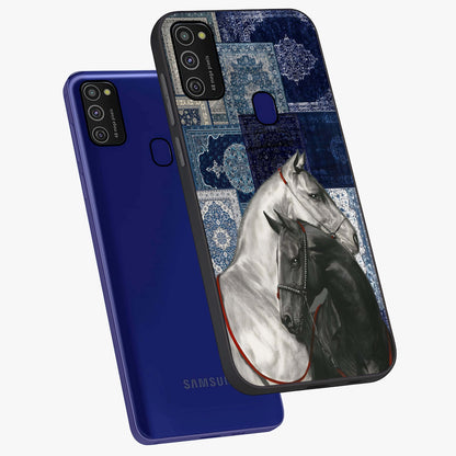 Midnight Stallion Blues Glass Case displayed in angled mockup highlighting powerful stallion illustration with deep midnight tones.