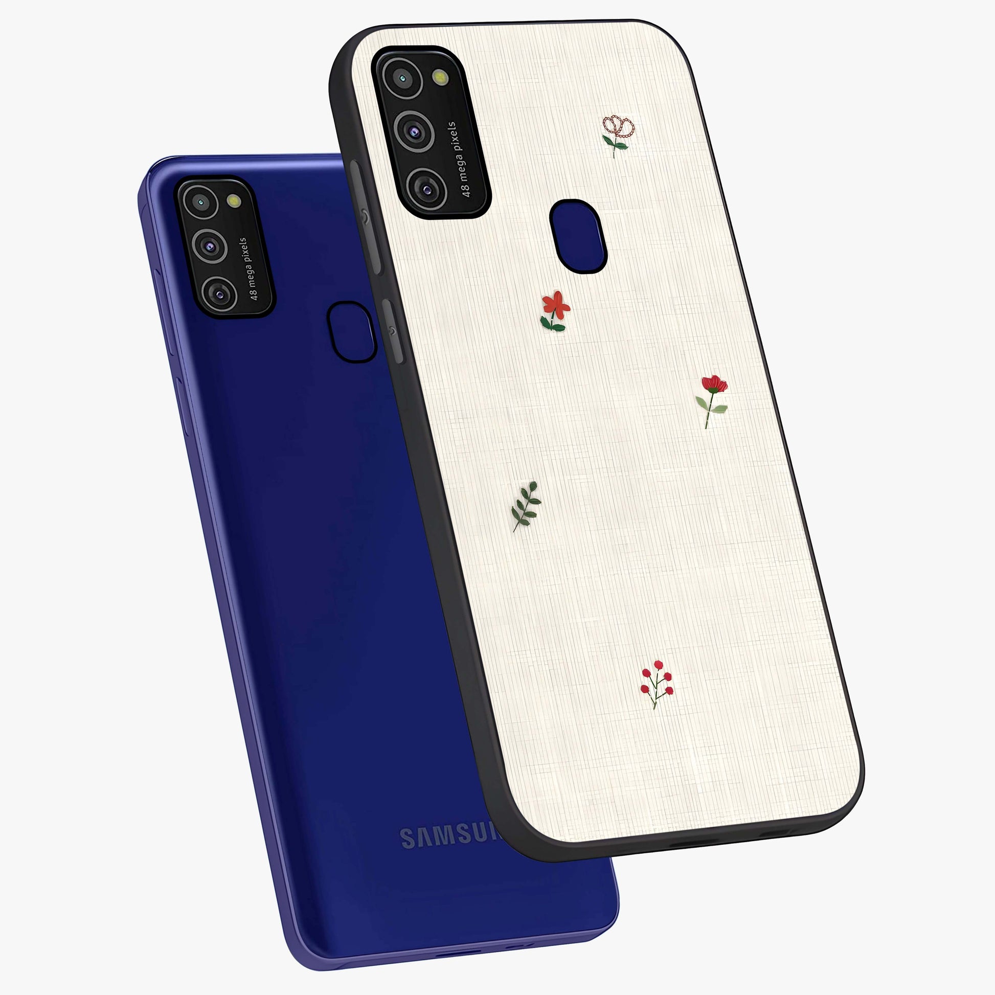 Minimalistic Blue With White Flower Pattern Glass Case displayed in angled mockup highlighting simple floral design with minimal aesthetic.