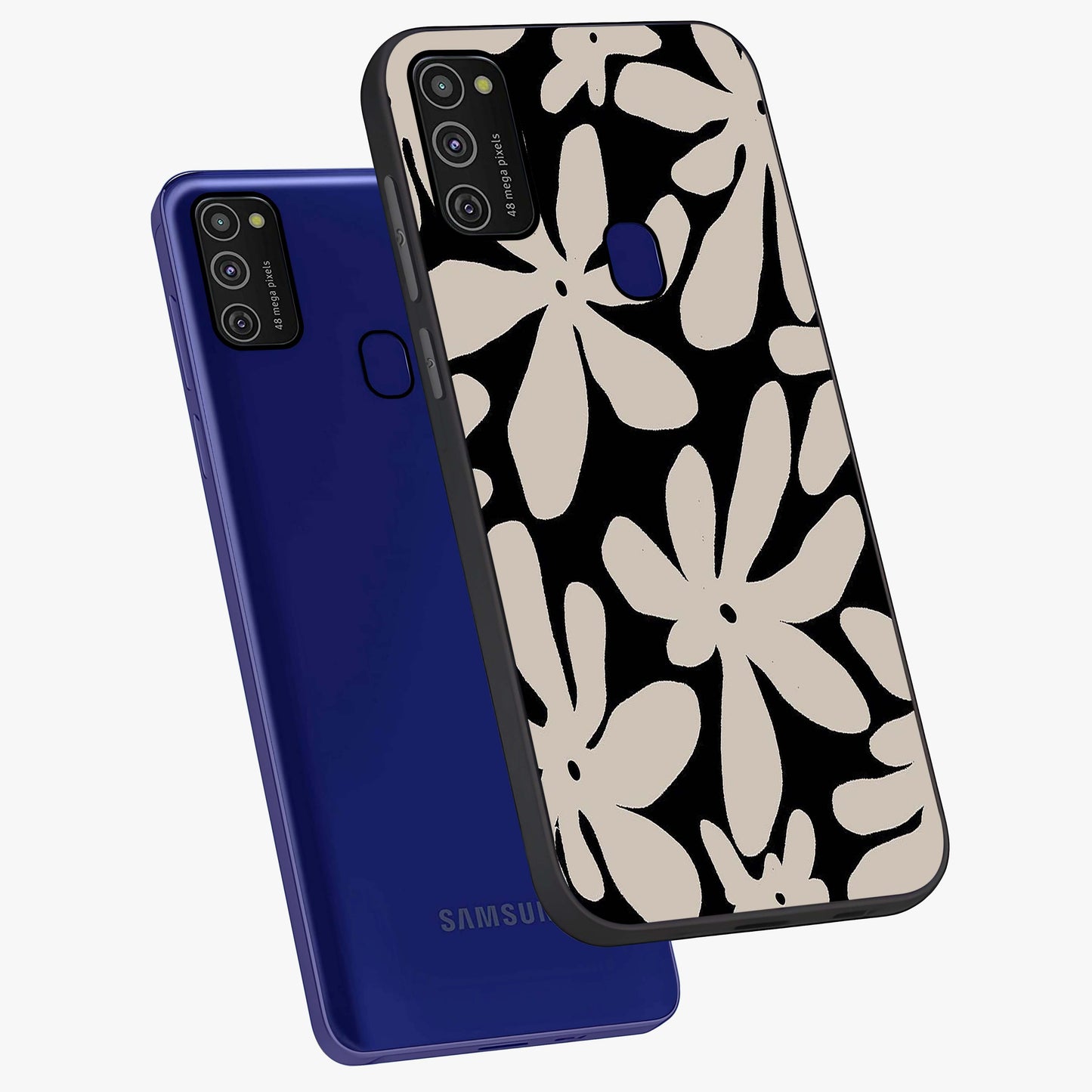 Monochrome Petal Dance Glass Case displayed in angled mockup highlighting elegant petal design with black and white aesthetic.
