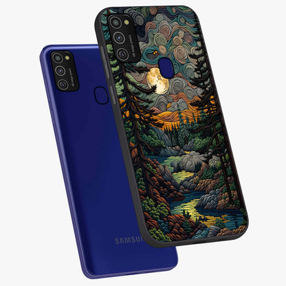 Moonlight Forest Dream Glass Case displayed in angled mockup highlighting dreamy forest design with glowing moon aesthetic.