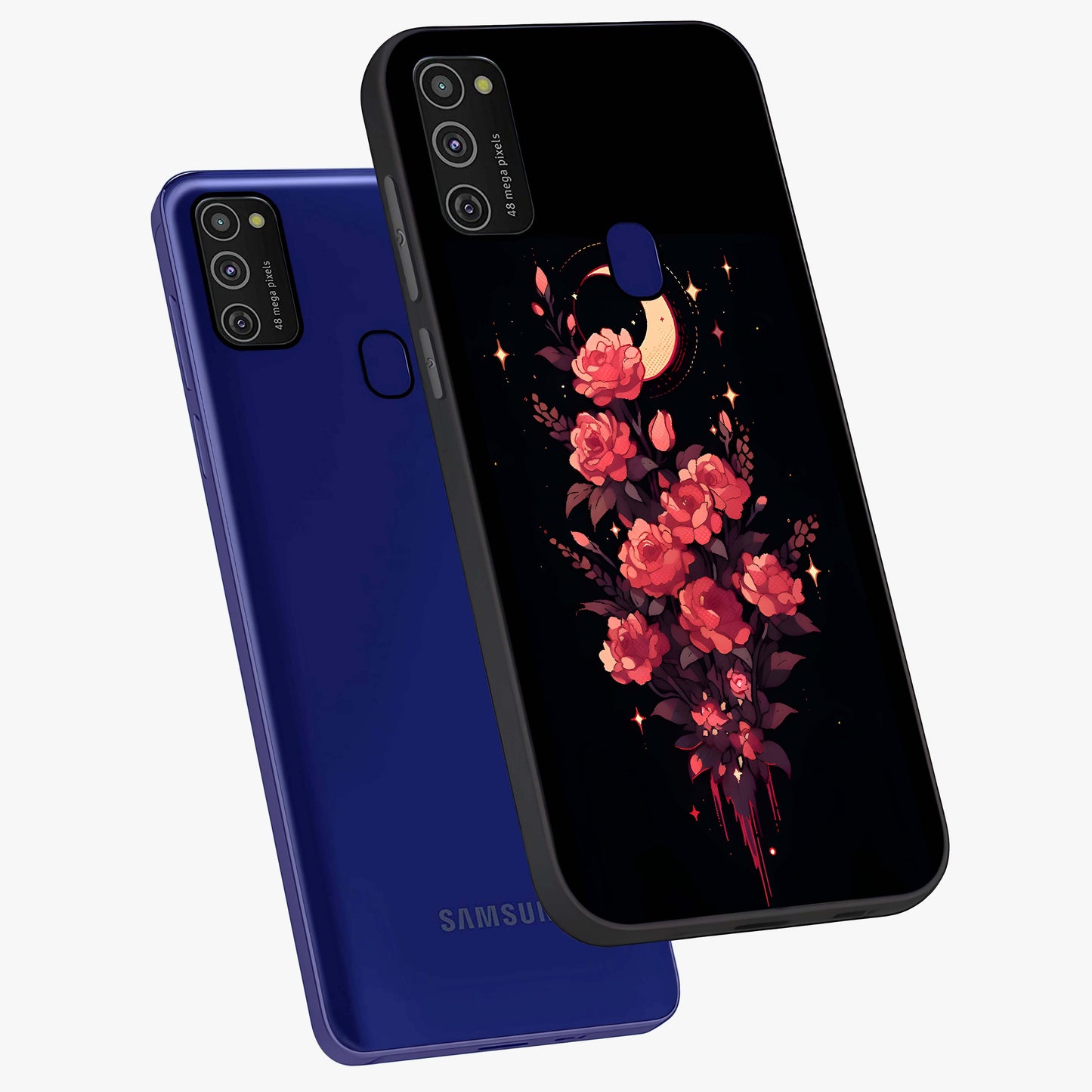 Moonlit Floral Elegance Glass Case displayed in angled mockup highlighting graceful flower design with soft moonlight aesthetic.