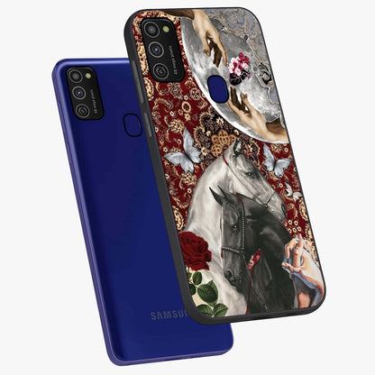 Moonlit Royal Stallion Glass Case displayed in angled mockup highlighting powerful stallion illustration with royal night aesthetic.