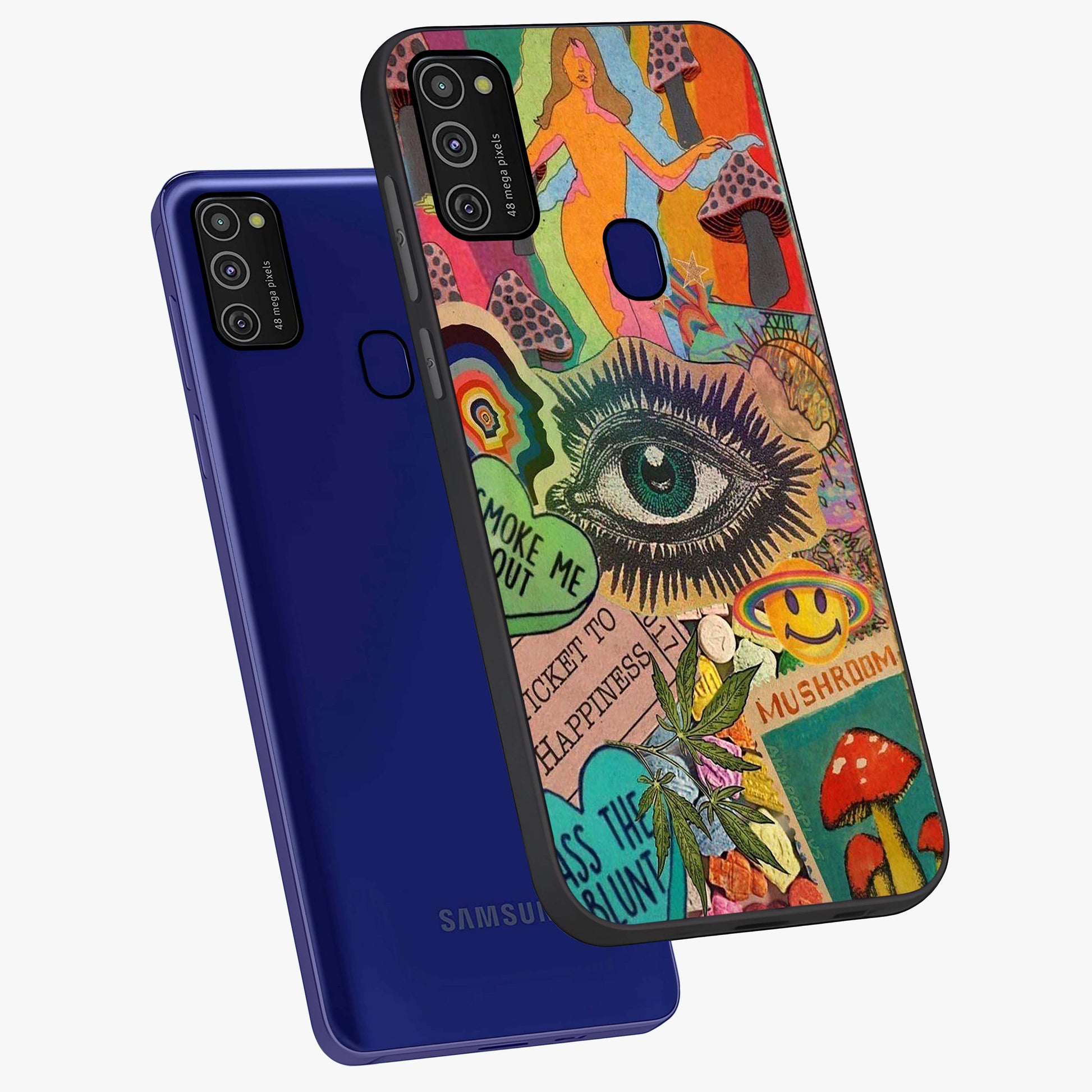 Mystic Eye Wonderland Glass Case displayed in angled mockup highlighting magical eye illustration with dreamy aesthetic.