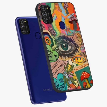 Mystic Eye Wonderland Glass Case displayed in angled mockup highlighting magical eye illustration with dreamy aesthetic.