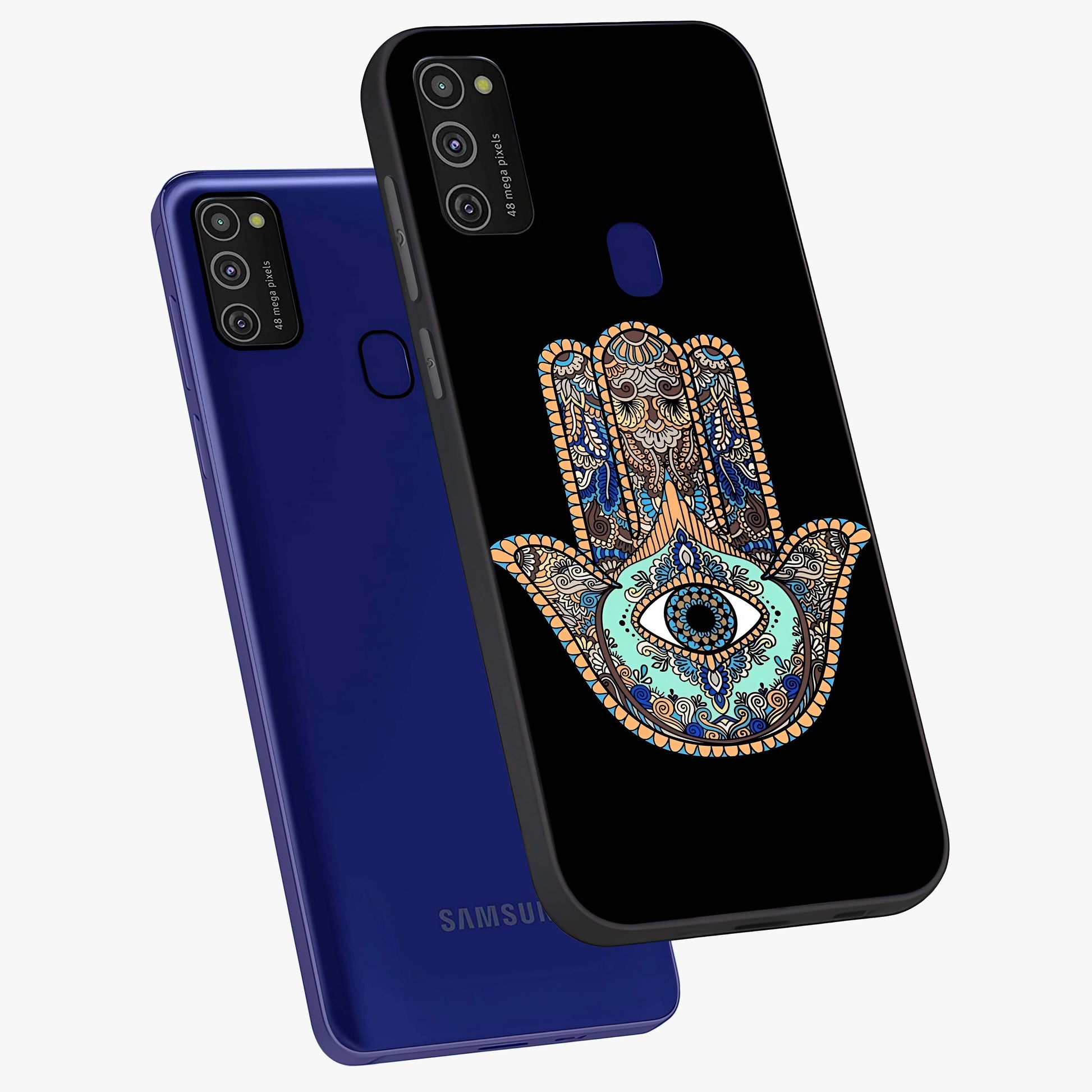 Mystic Hamsa Eye Glass Case displayed in angled mockup highlighting spiritual hamsa symbol with mystical aesthetic style.