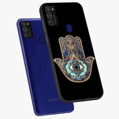 Mystic Hamsa Eye Glass Case displayed in angled mockup highlighting spiritual hamsa symbol with mystical aesthetic style.