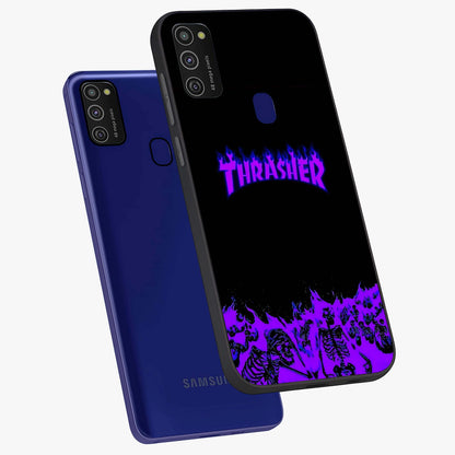 Neon Flame Riot Glass Case displayed in angled mockup highlighting glowing flame design with vibrant neon aesthetic.