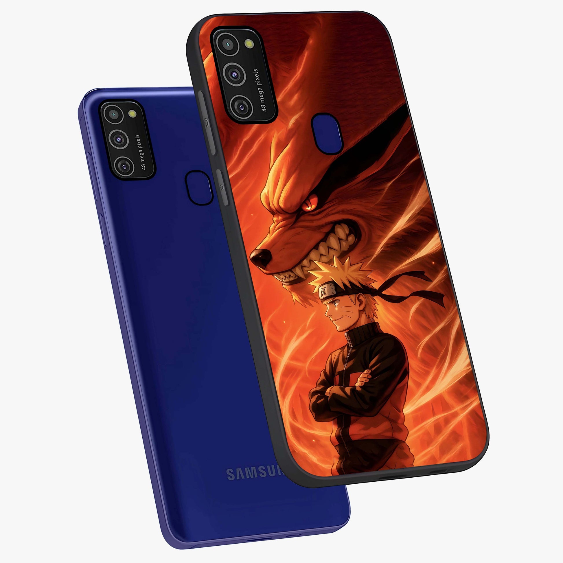 Nine Tails Legacy Glass Case displayed in angled mockup highlighting dynamic anime beast illustration with bold mystical aesthetic.