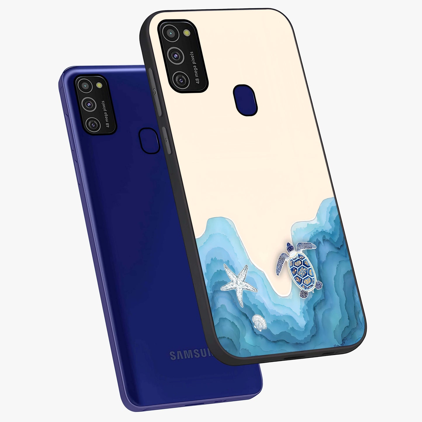 Ocean Drift Turtle Glass Case displayed in angled mockup highlighting peaceful ocean turtle illustration with marine aesthetic.