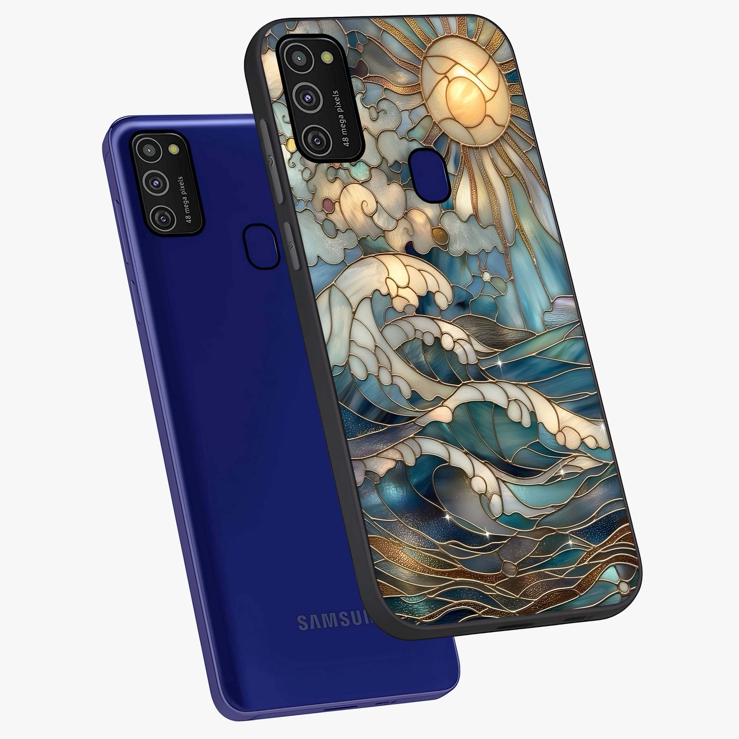 Oceanic Stained Printed Glass Case displayed in angled mockup highlighting colorful aquatic design with artistic aesthetic style.