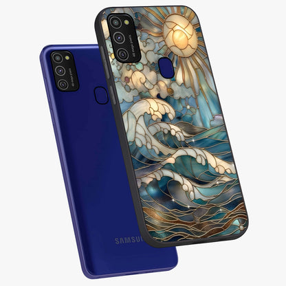 Oceanic Stained Printed Glass Case displayed in angled mockup highlighting colorful aquatic design with artistic aesthetic style.