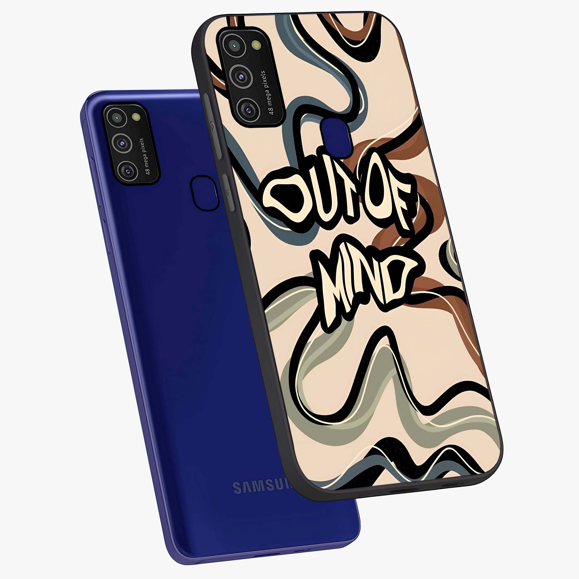 Out Of Mind Glass Case displayed in angled mockup highlighting bold statement design with modern artistic aesthetic.