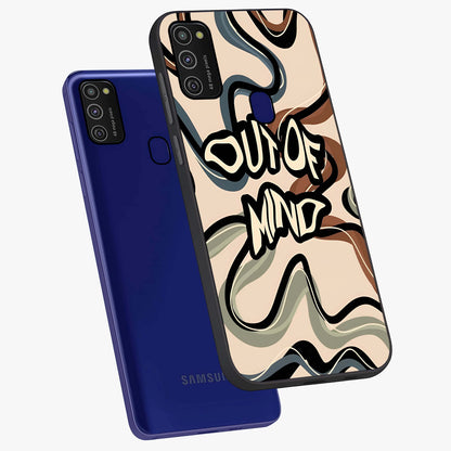 Out Of Mind Glass Case displayed in angled mockup highlighting bold statement design with modern artistic aesthetic.
