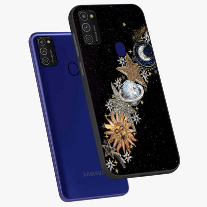 Pearls Universe Object Glass Case displayed in angled mockup highlighting celestial pearl design with dreamy aesthetic.