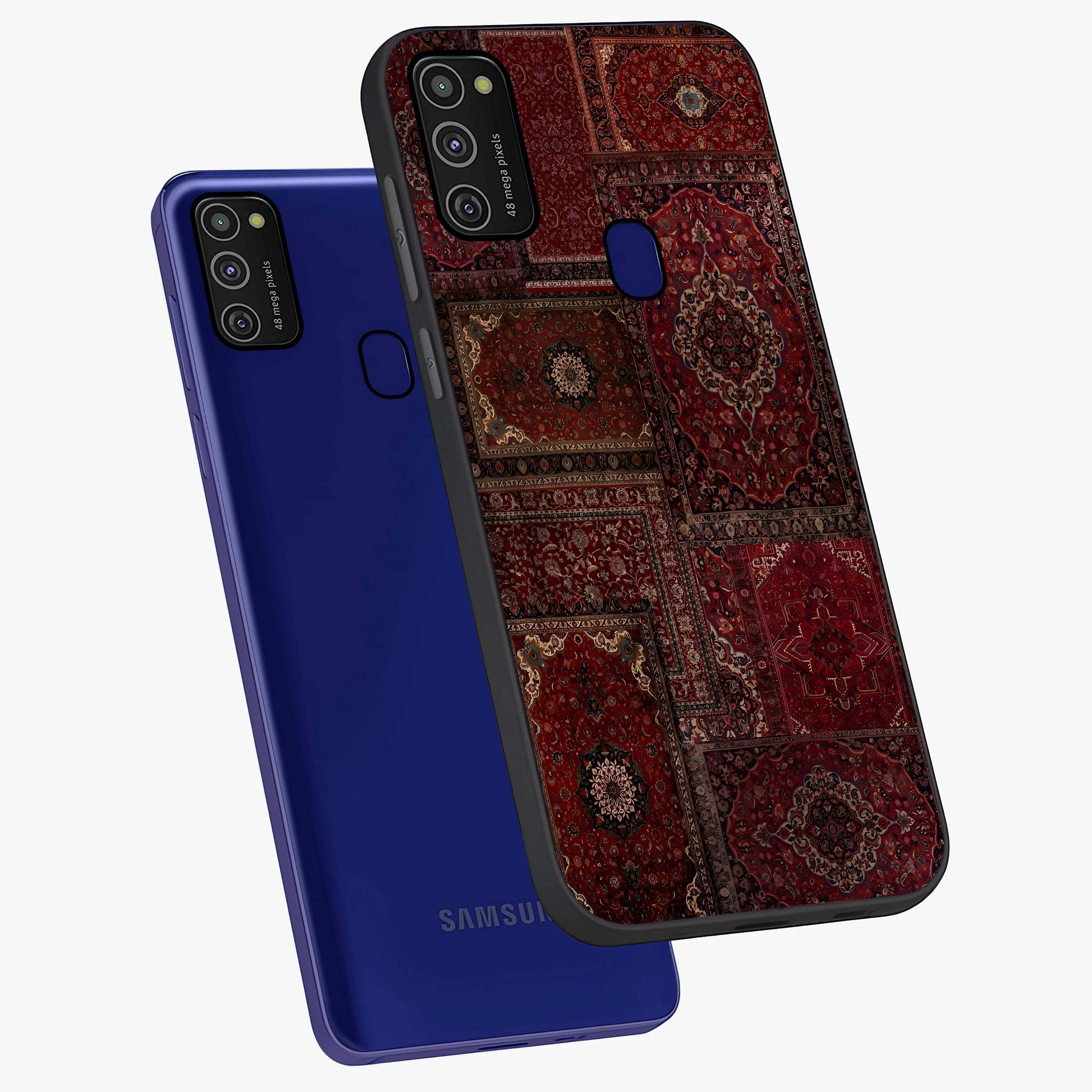Persian Velvet Tale Glass Case displayed in angled mockup highlighting ornate textile inspired design with royal aesthetic.