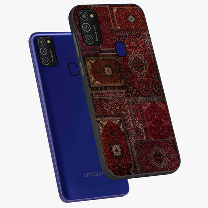 Persian Velvet Tale Glass Case displayed in angled mockup highlighting ornate textile inspired design with royal aesthetic.