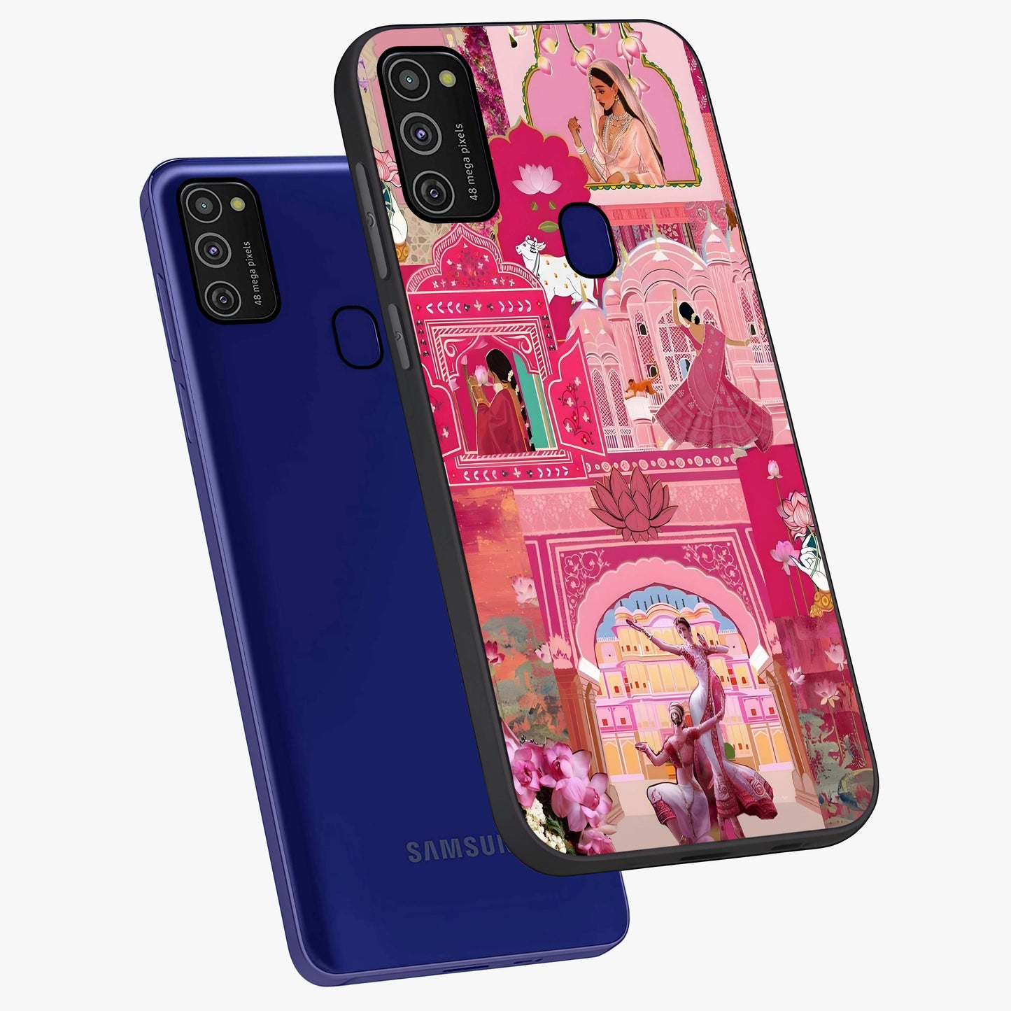 Pink Palace Muse Glass Case displayed in angled mockup highlighting dreamy palace illustration with soft pink aesthetic.