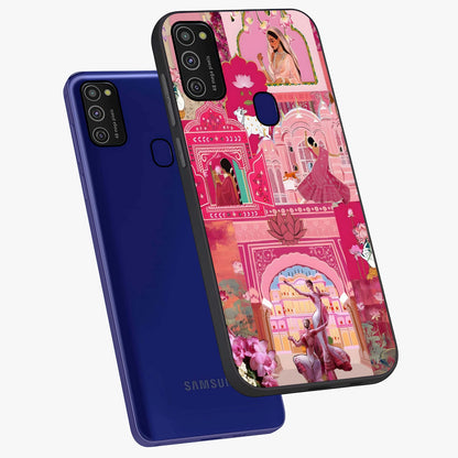 Pink Palace Muse Glass Case displayed in angled mockup highlighting dreamy palace illustration with soft pink aesthetic.