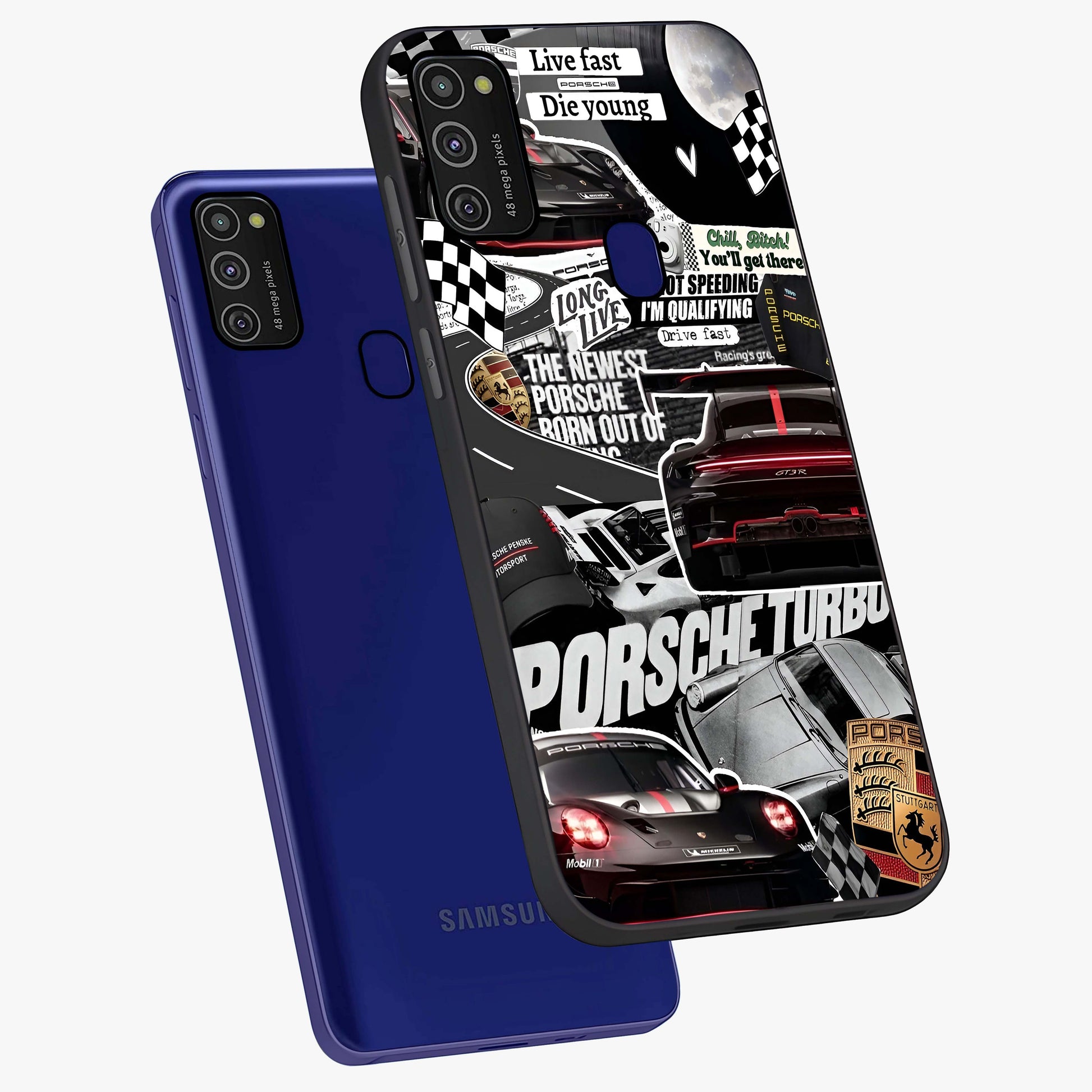 Porsche Racing Collage Glass Case displayed in angled mockup highlighting dynamic automotive design with bold racing aesthetic.