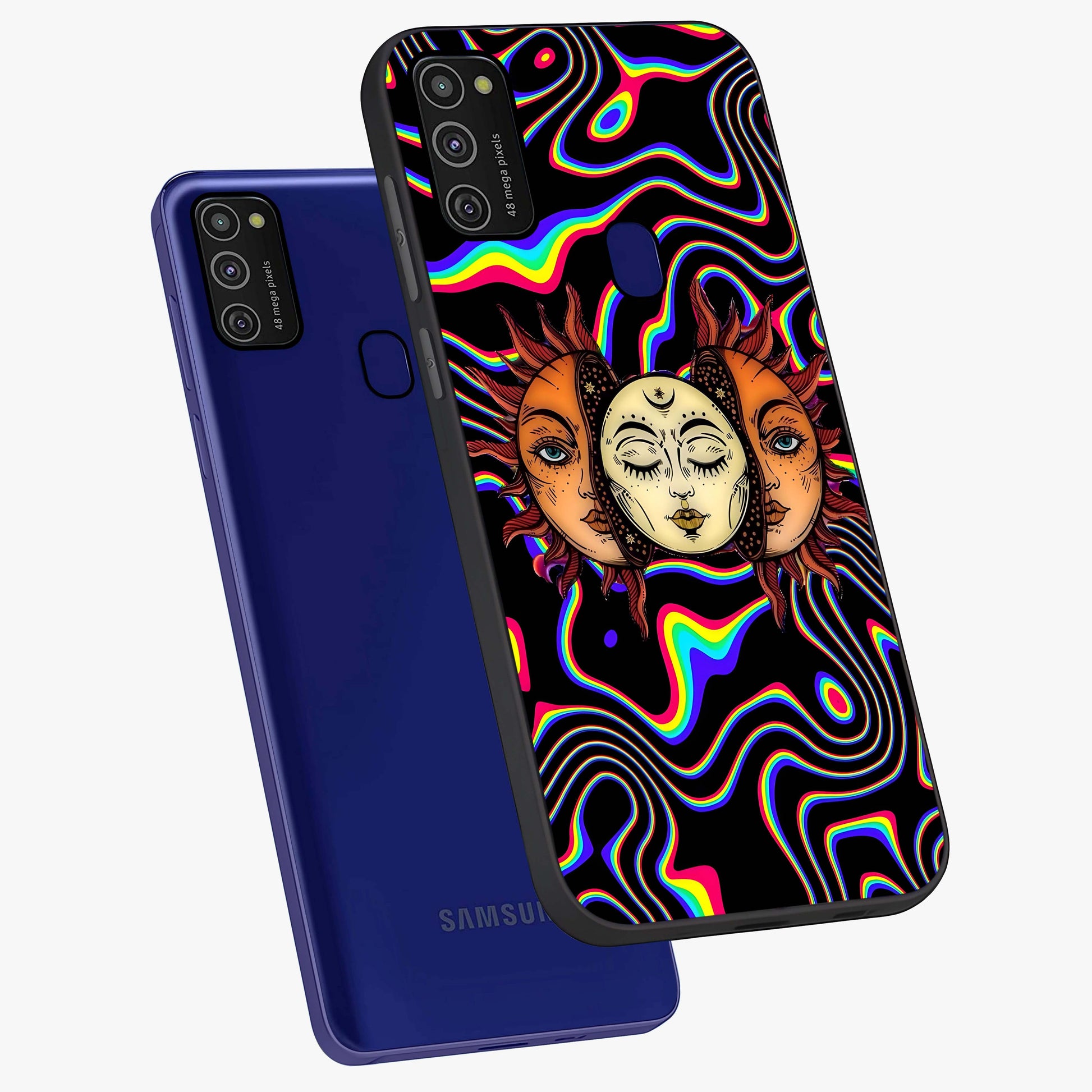 Psychedelic Sun Glass Case displayed in angled mockup highlighting vibrant abstract sun design with artistic aesthetic style.