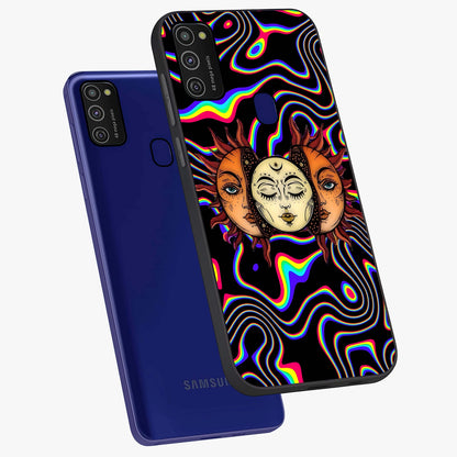 Psychedelic Sun Glass Case displayed in angled mockup highlighting vibrant abstract sun design with artistic aesthetic style.