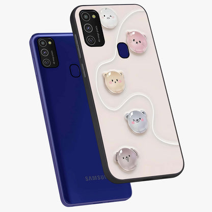 Puffy Face Parade Glass Case displayed in angled mockup highlighting playful cartoon face design with fun aesthetic.