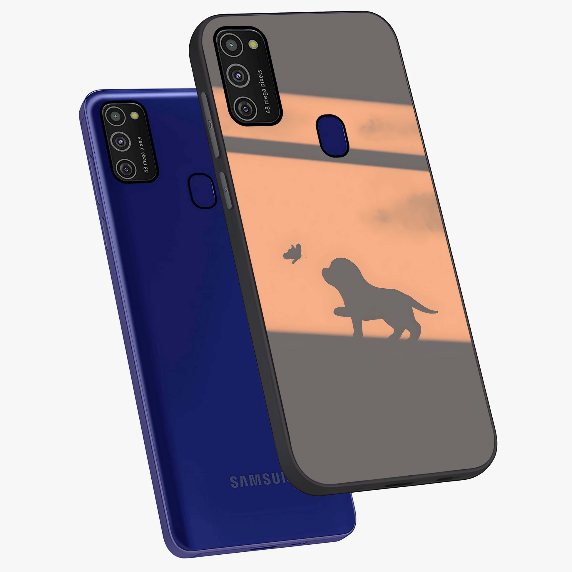 Puppy Shadow Art Glass Case displayed in angled mockup highlighting playful dog illustration with artistic shadow aesthetic.