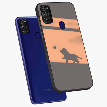 Puppy Shadow Art Glass Case displayed in angled mockup highlighting playful dog illustration with artistic shadow aesthetic.