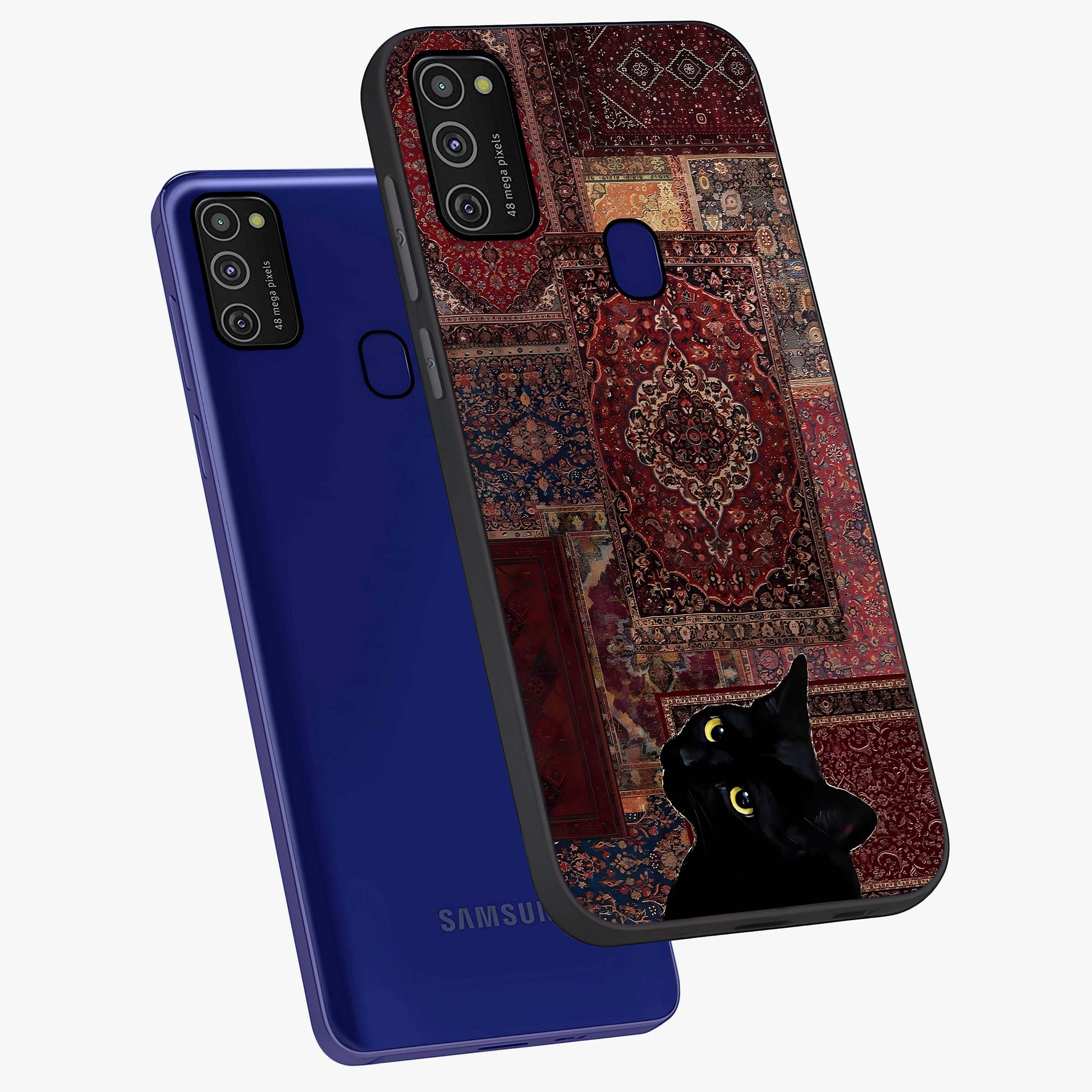 Regal Magic Cat Apple Glass Case displayed in angled mockup highlighting whimsical feline design with fantasy aesthetic.