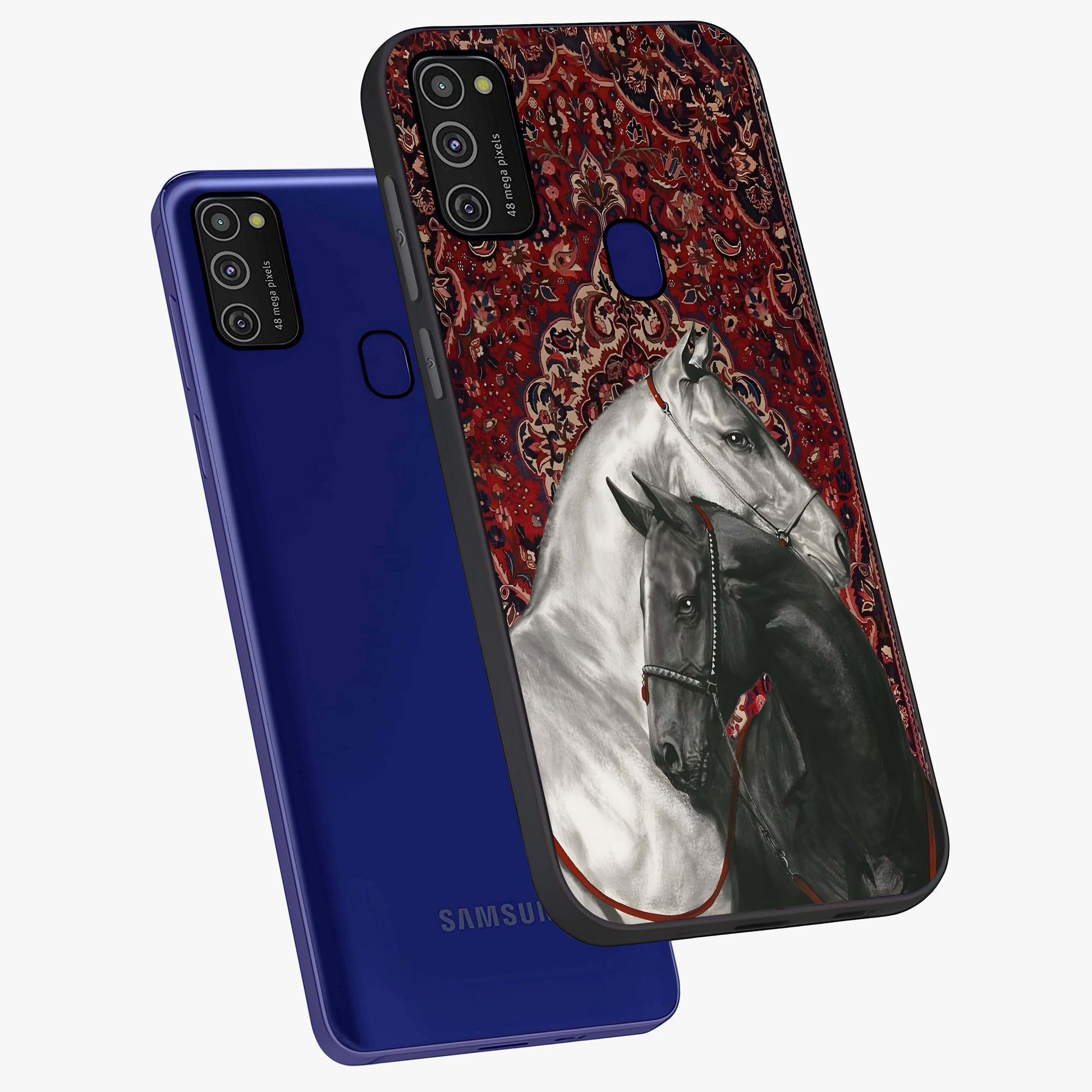 Regal Stallion Tapestry Glass Case displayed in angled mockup highlighting royal stallion design with decorative heritage aesthetic.