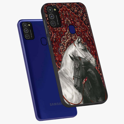 Regal Stallion Tapestry Glass Case displayed in angled mockup highlighting royal stallion design with decorative heritage aesthetic.