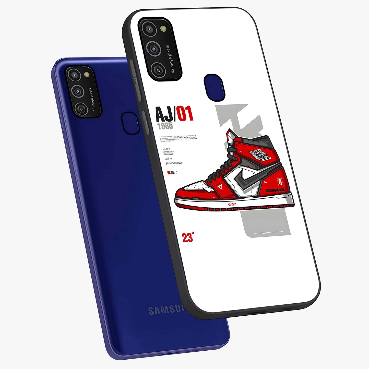 Retro Sneaker Blueprint Glass Case displayed in angled mockup highlighting detailed shoe design with sporty retro aesthetic.