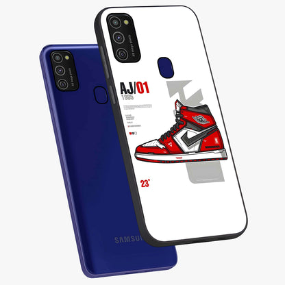Retro Sneaker Blueprint Glass Case displayed in angled mockup highlighting detailed shoe design with sporty retro aesthetic.