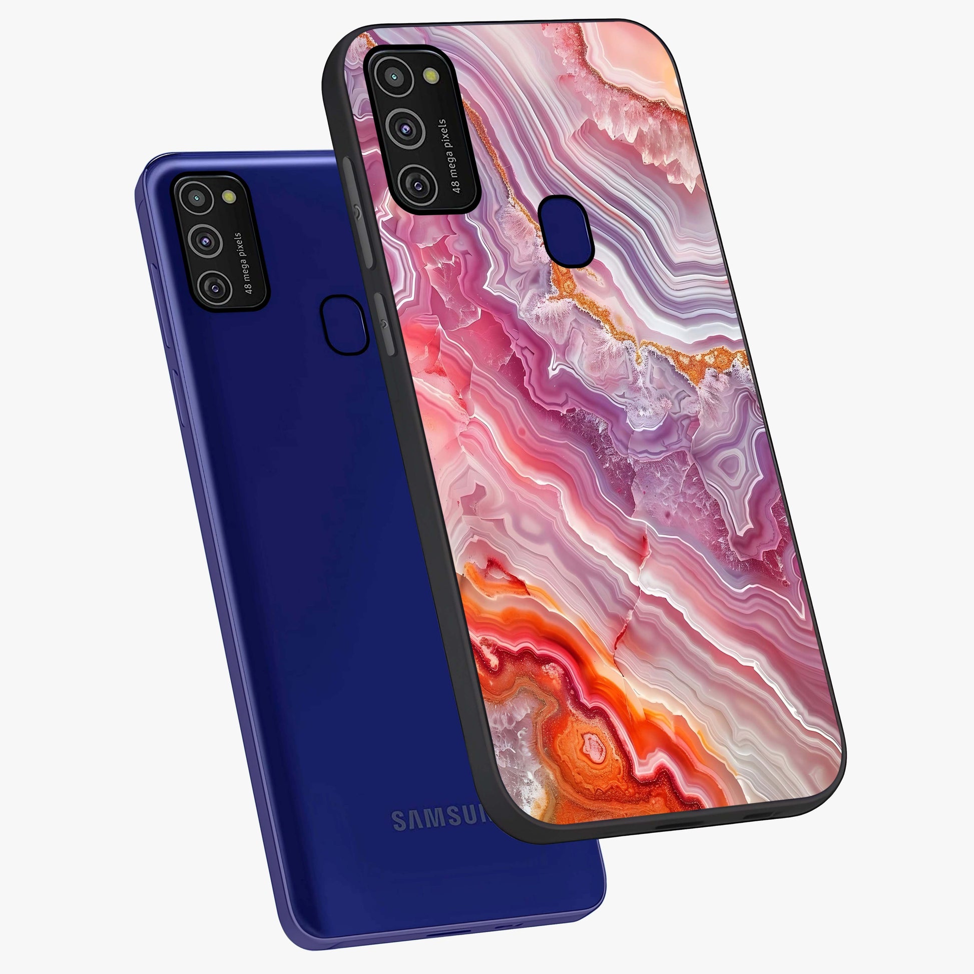 Rose Quartz Marble Glass Case displayed in angled mockup highlighting elegant marble pattern with soft aesthetic style.