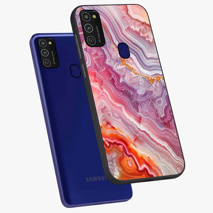 Rose Quartz Marble Glass Case displayed in angled mockup highlighting elegant marble pattern with soft aesthetic style.