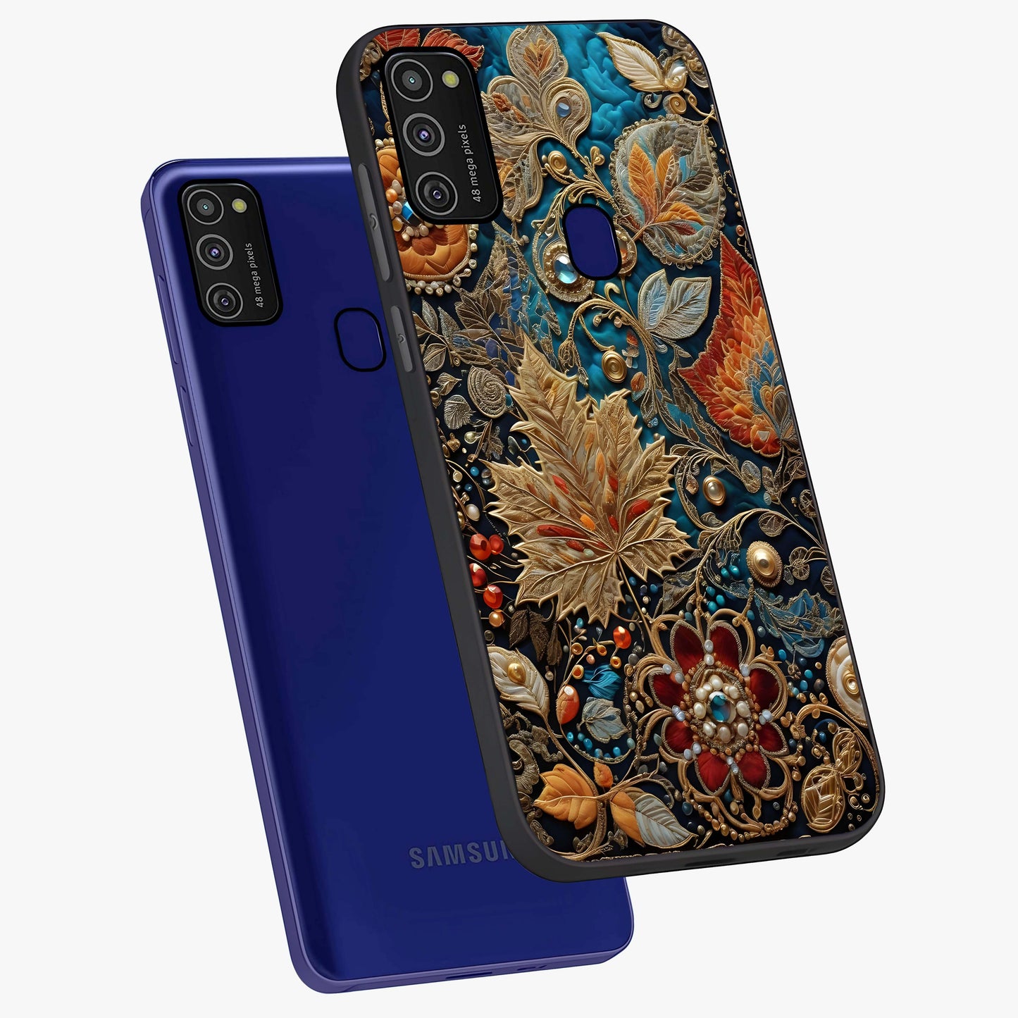 Royal Jewel Garden Glass Case displayed in angled mockup highlighting vibrant jewel inspired floral design with elegant aesthetic.