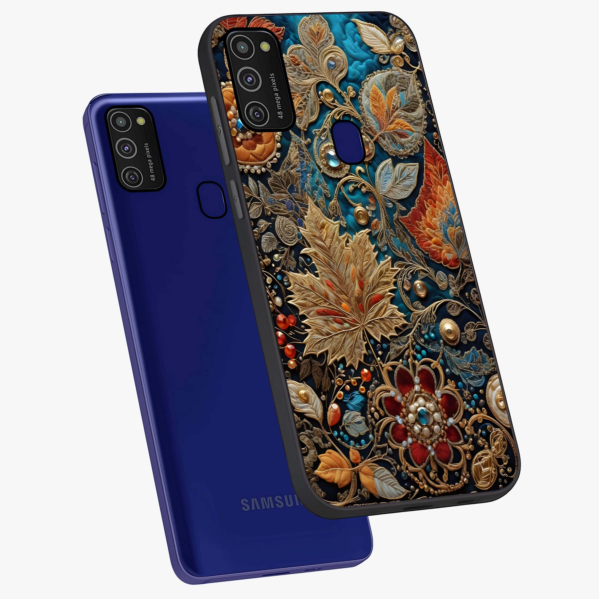 Royal Jewel Garden Glass Case displayed in angled mockup highlighting vibrant jewel inspired floral design with elegant aesthetic.