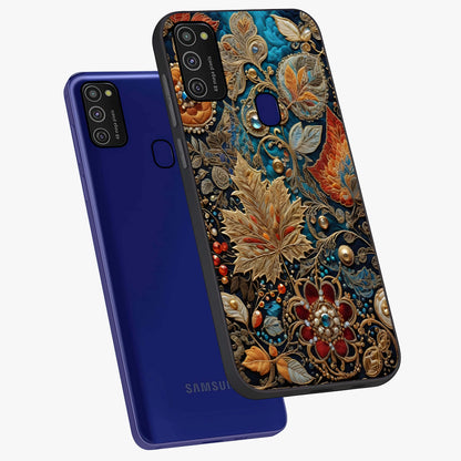 Royal Jewel Garden Glass Case displayed in angled mockup highlighting vibrant jewel inspired floral design with elegant aesthetic.