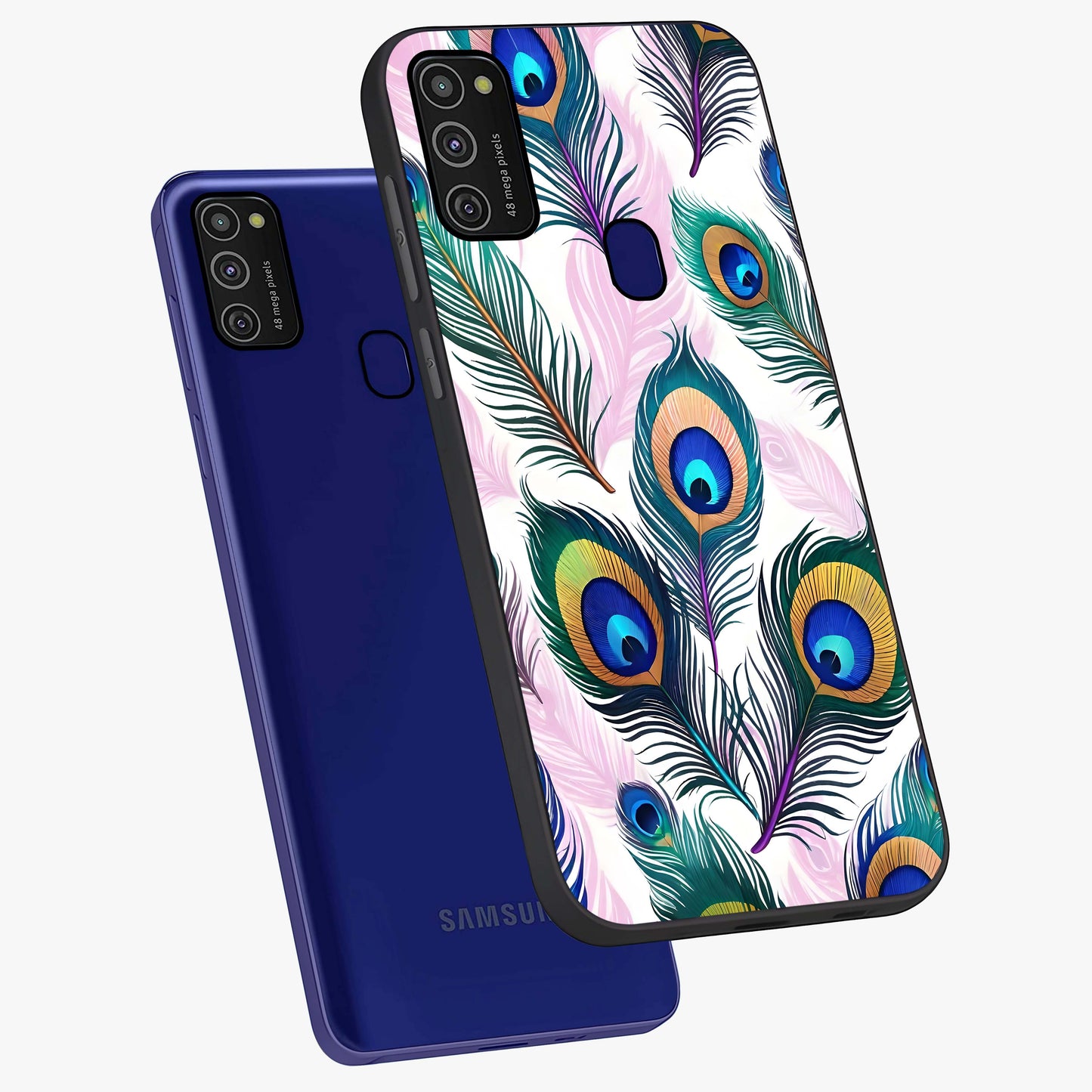 Royal Peacock Feathers Glass Case displayed in angled mockup highlighting vibrant feather pattern with regal aesthetic style.