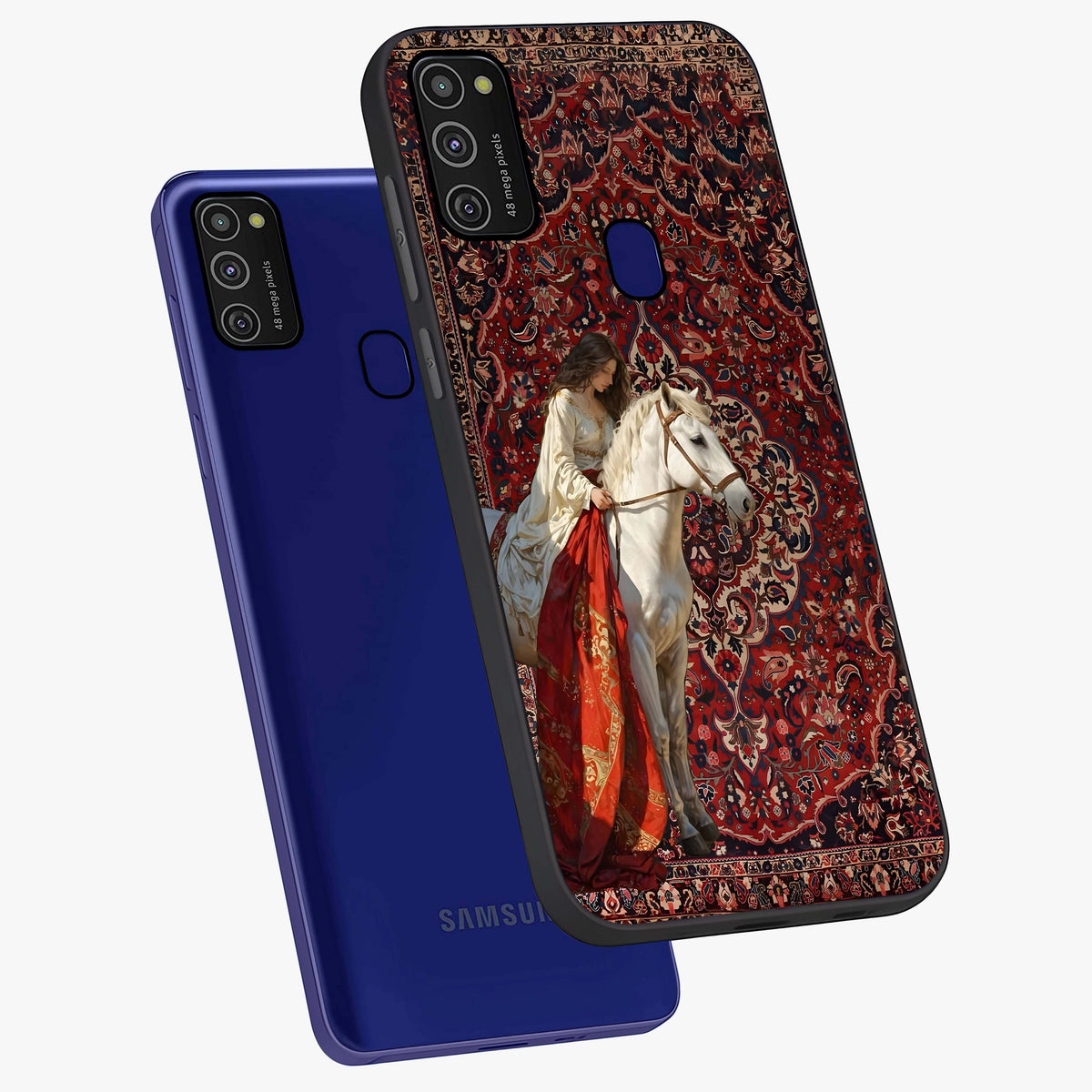 Royal Rider Tapestry Glass Case displayed in angled mockup highlighting traditional tapestry design with royal heritage aesthetic.
