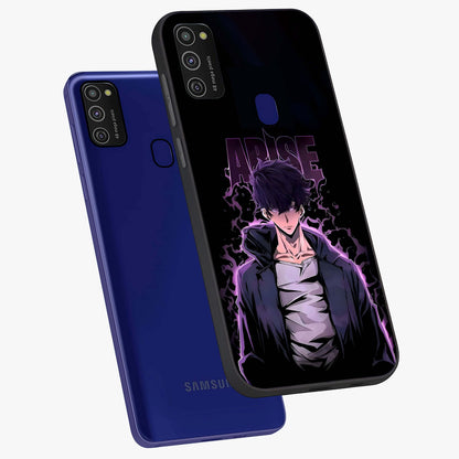 Shadow Monarch Awakening Glass Case displayed in angled mockup highlighting dramatic shadow warrior design with fantasy aesthetic.