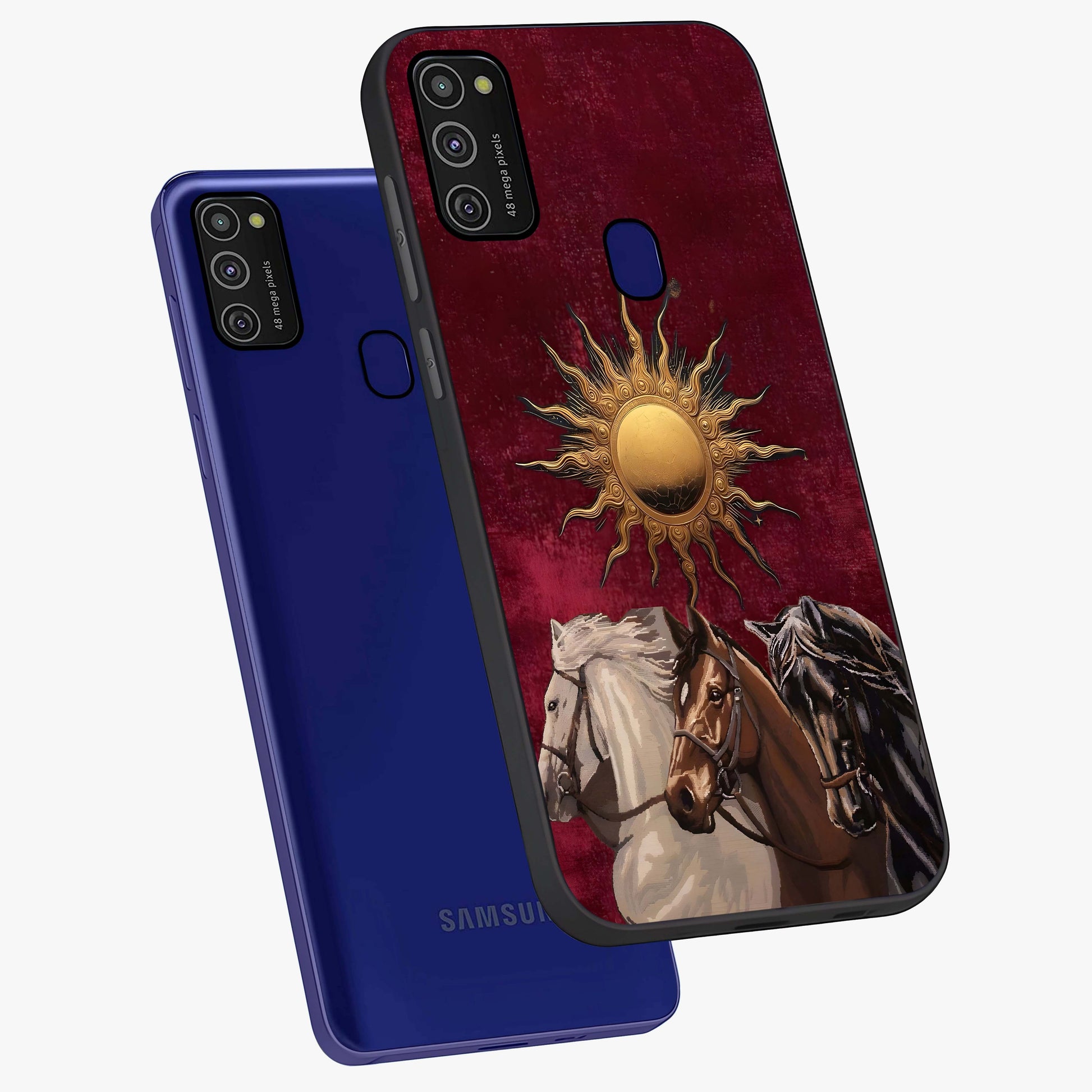 Solar Riders Glass Case displayed in angled mockup highlighting powerful rider illustration with radiant solar aesthetic.