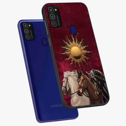 Solar Riders Glass Case displayed in angled mockup highlighting powerful rider illustration with radiant solar aesthetic.